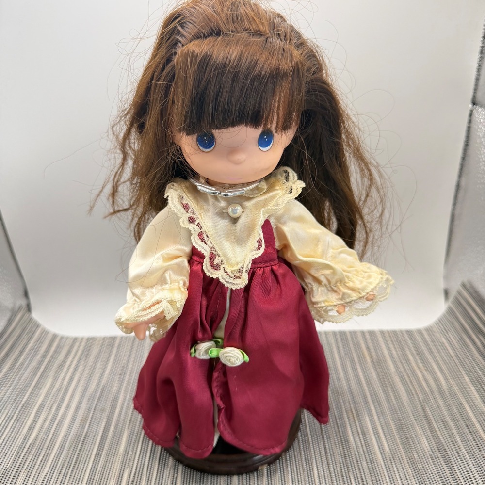 Precious Moments 1992 Vintage Grace Doll Brunette Blue Eyes Burgundy Dress Stand